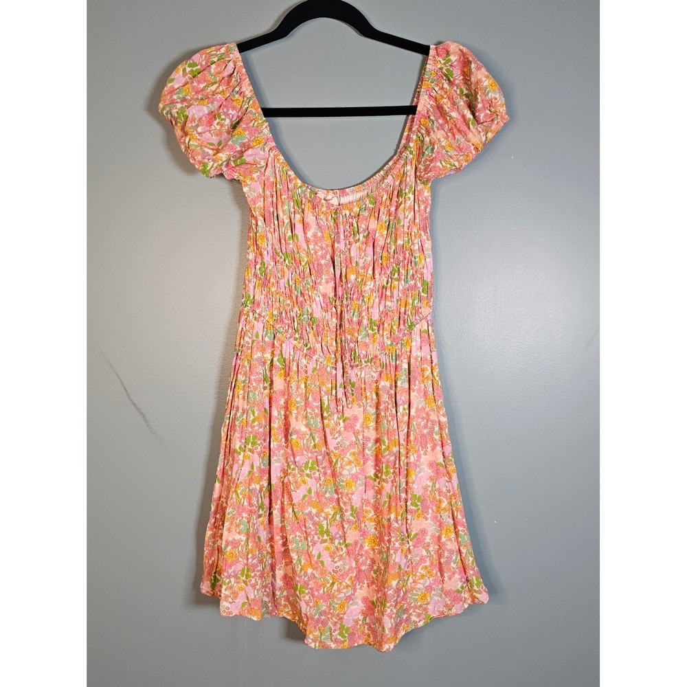 Showpo Womens Pink Orange Floral Smocked Puff Sleeve Mini Dress Size 6 US 10 AU